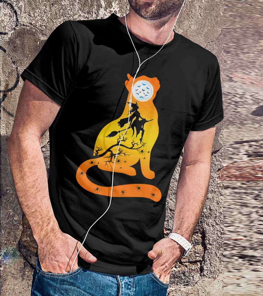 Funny Cat Witch Flying Under Bat Moon With Spooky Webs T-Shirt