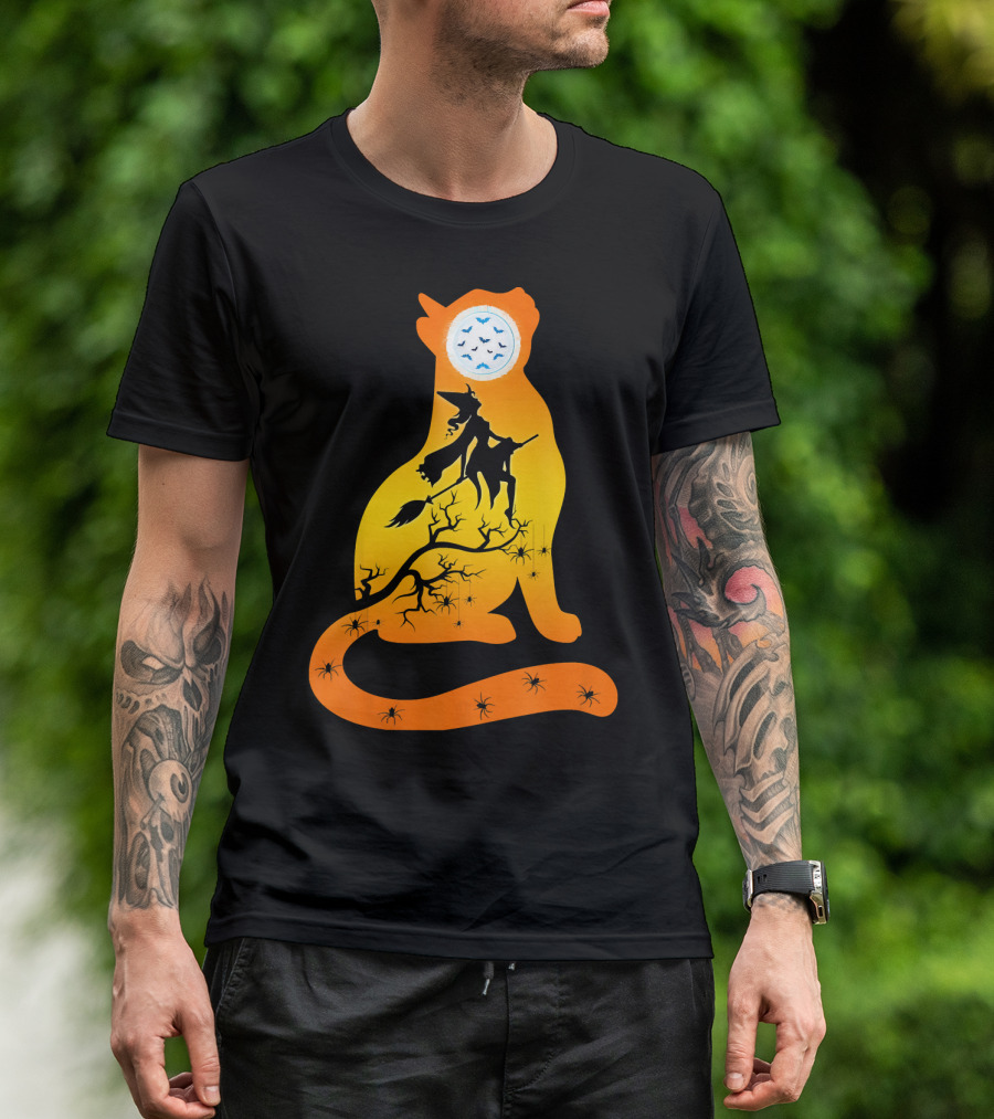 Funny Cat Witch Flying Under Bat Moon With Spooky Webs T-Shirt