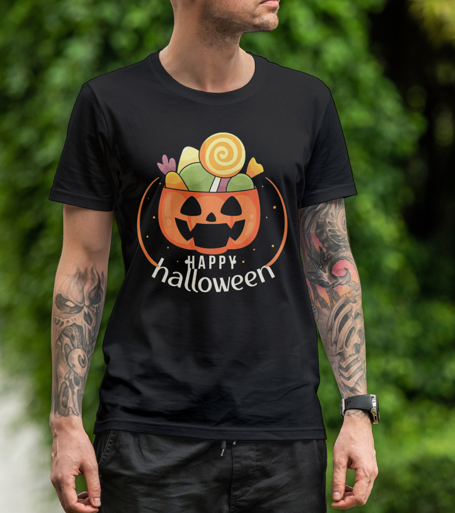 Happy Halloween Pumpkin Orange JackOLantern Candy Bucket T-Shirt