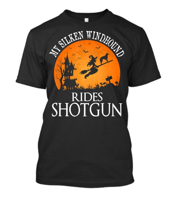 My Silken Windhound Rides Shotgun Halloween Witch Dog Moon Graveyard Scene T-Shirt
