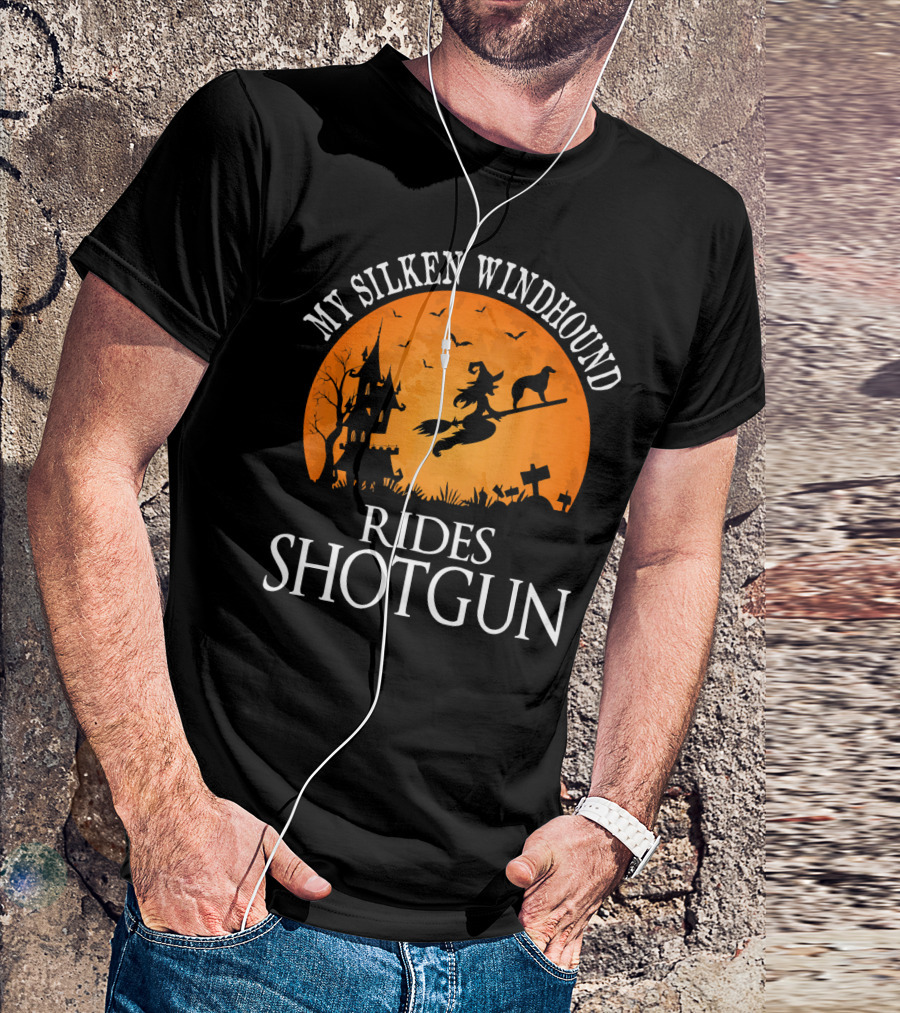 My Silken Windhound Rides Shotgun Halloween Witch Dog Moon Graveyard Scene T-Shirt