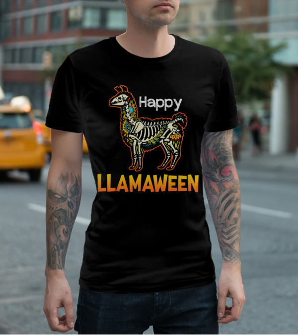 Happy Llamaween Funny Llama Skeleton Halloween T-Shirt