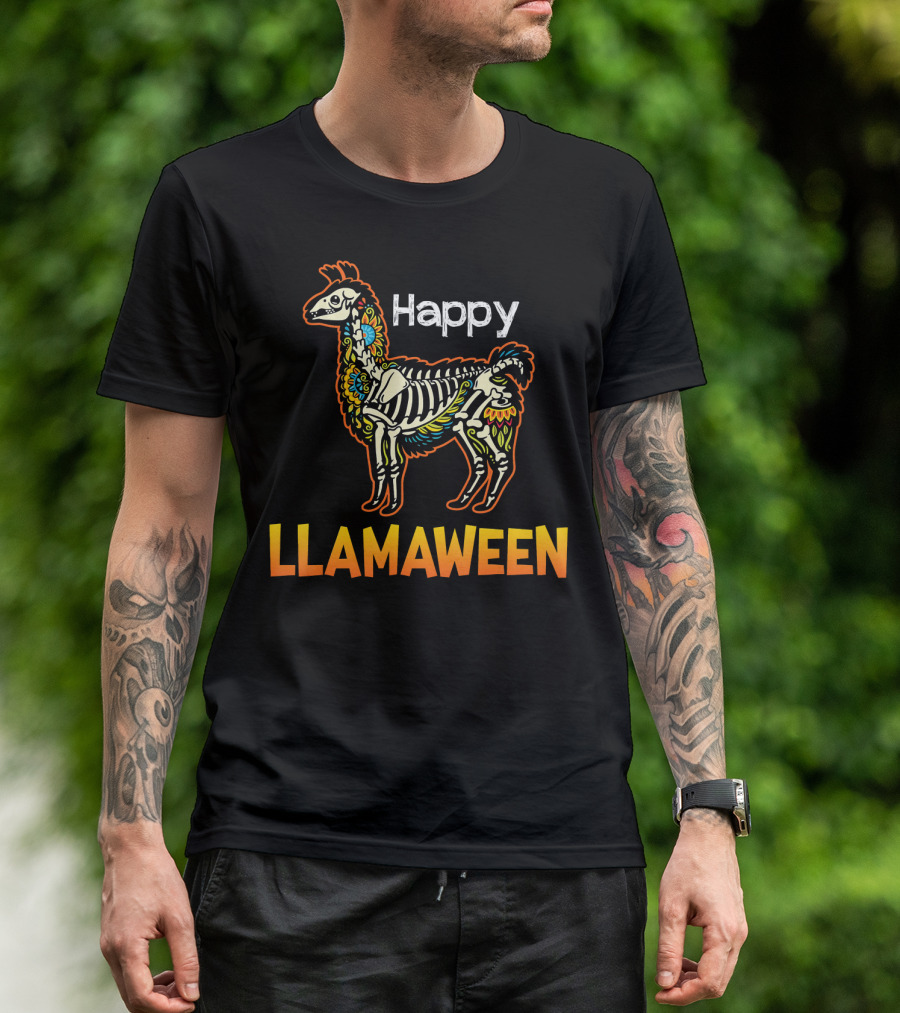Happy Llamaween Funny Llama Skeleton Halloween T-Shirt