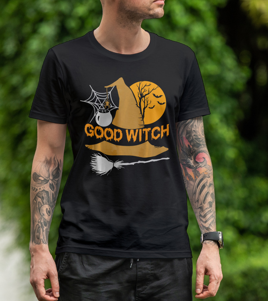 Good Witch Halloween Hat Broomstick Cauldron Bats Moon T-Shirt