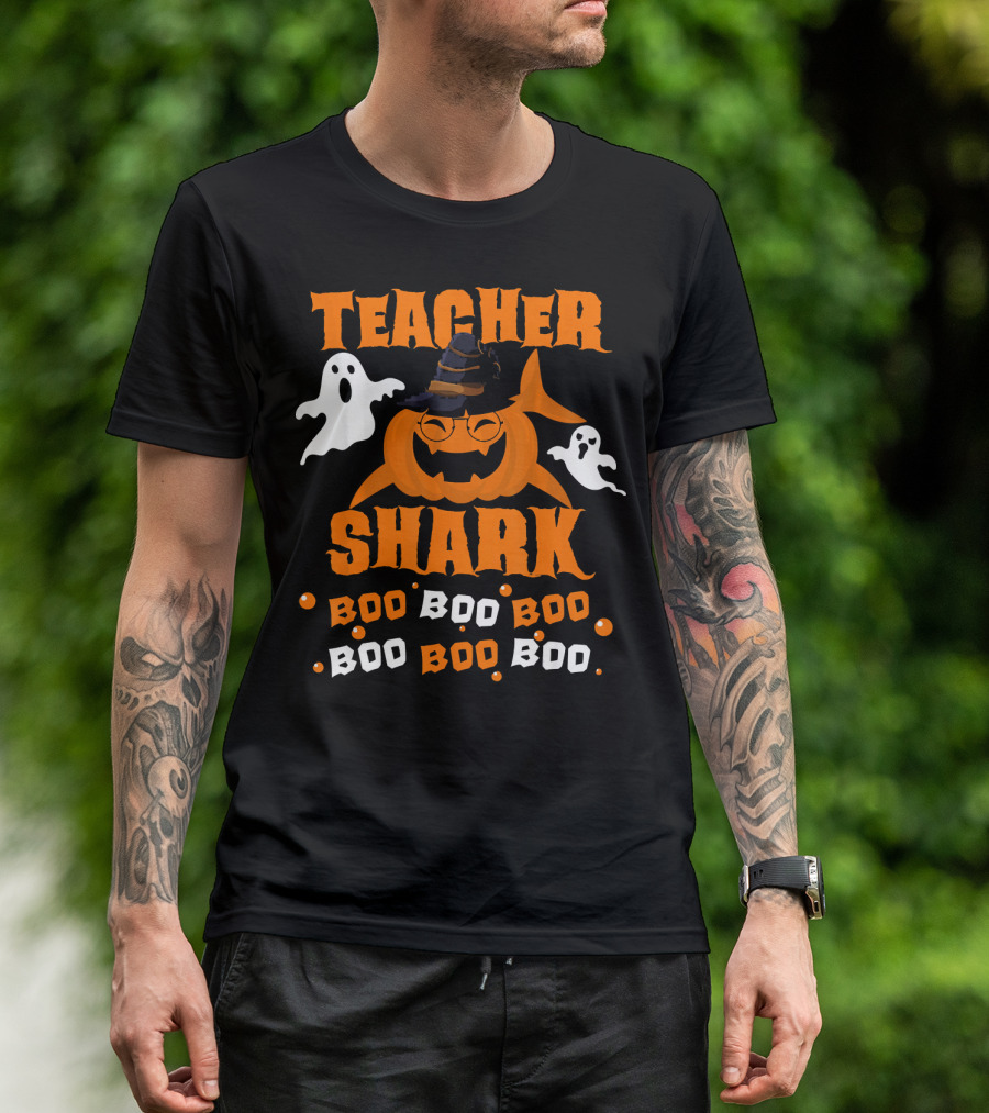 Teacher Shark Boo Boo Boo Funny Shark Halloween Ghost Pumpkin T-Shirt