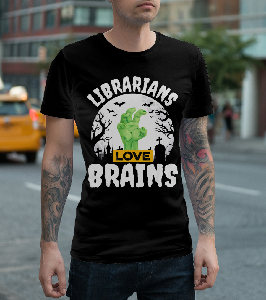 Librarians Love Brains Halloween Zombie Graveyard Scene T-Shirt