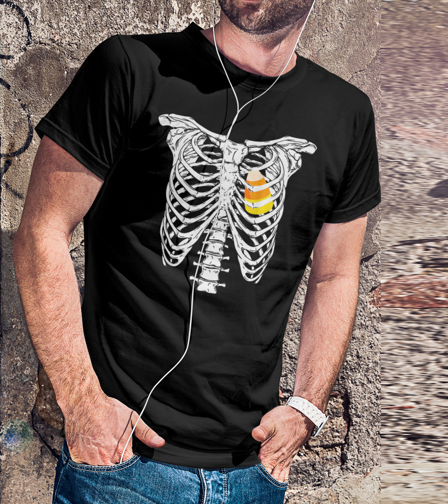 Candy Corn Inside Skeleton Ribs Halloween Humor T-Shirt