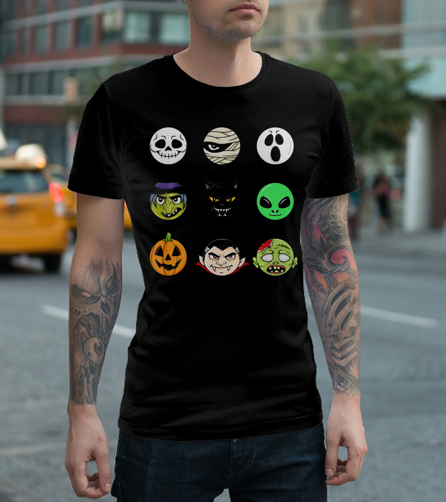 Scary Faces Halloween Emoji Emoji Icons Vampire Mummy Alien Ghost Pumpkin Monster Cat Witch T-Shirt
