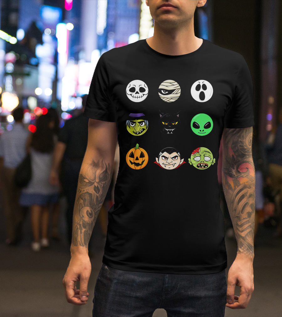 Scary Faces Halloween Emoji Emoji Icons Vampire Mummy Alien Ghost Pumpkin Monster Cat Witch T-Shirt