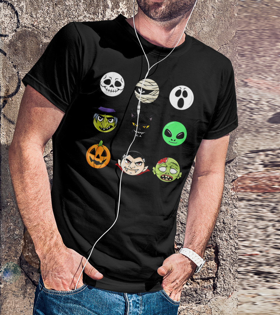 Scary Faces Halloween Emoji Emoji Icons Vampire Mummy Alien Ghost Pumpkin Monster Cat Witch T-Shirt