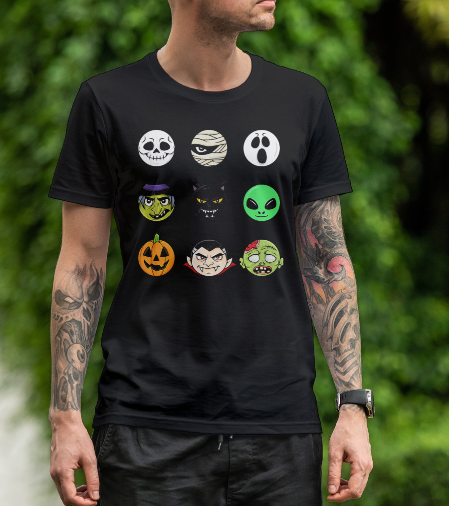 Scary Faces Halloween Emoji Emoji Icons Vampire Mummy Alien Ghost Pumpkin Monster Cat Witch T-Shirt