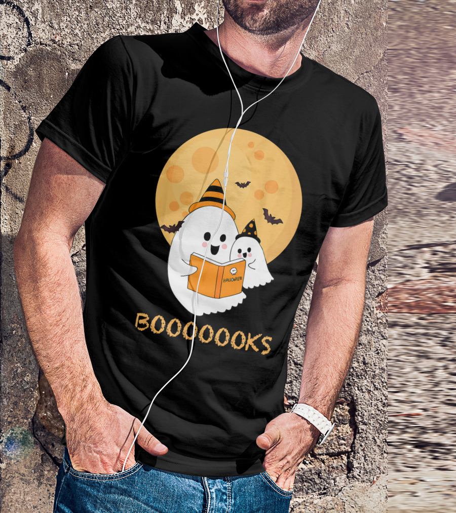 Halloween Ghosts Reading Boooooks Under Full Moon T-Shirt