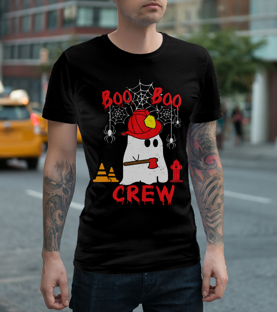 Boo Boo Crew Firefighter Halloween Ghost Spiderwebs and Axe T-Shirt