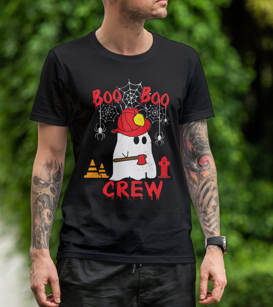 Boo Boo Crew Firefighter Halloween Ghost Spiderwebs And Axe T-Shirt