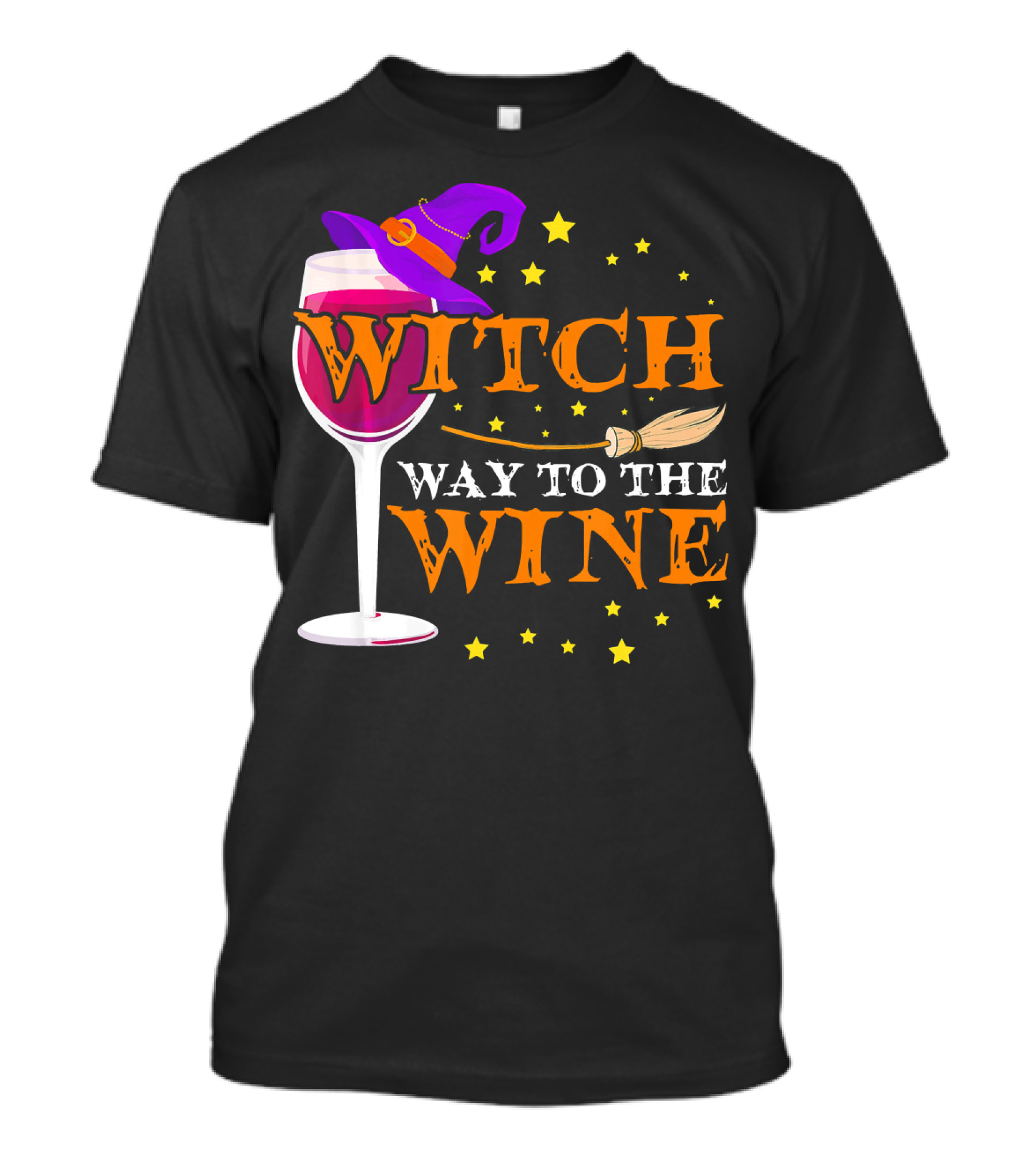 Witch Way To The Wine Halloween Wizard Hat Broomstick Stars T-Shirt