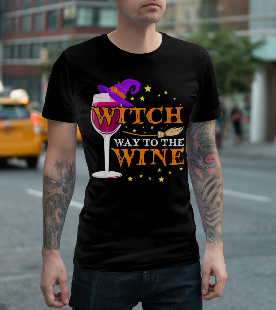 Witch Way to the Wine Halloween Wizard Hat Broomstick Stars T-Shirt
