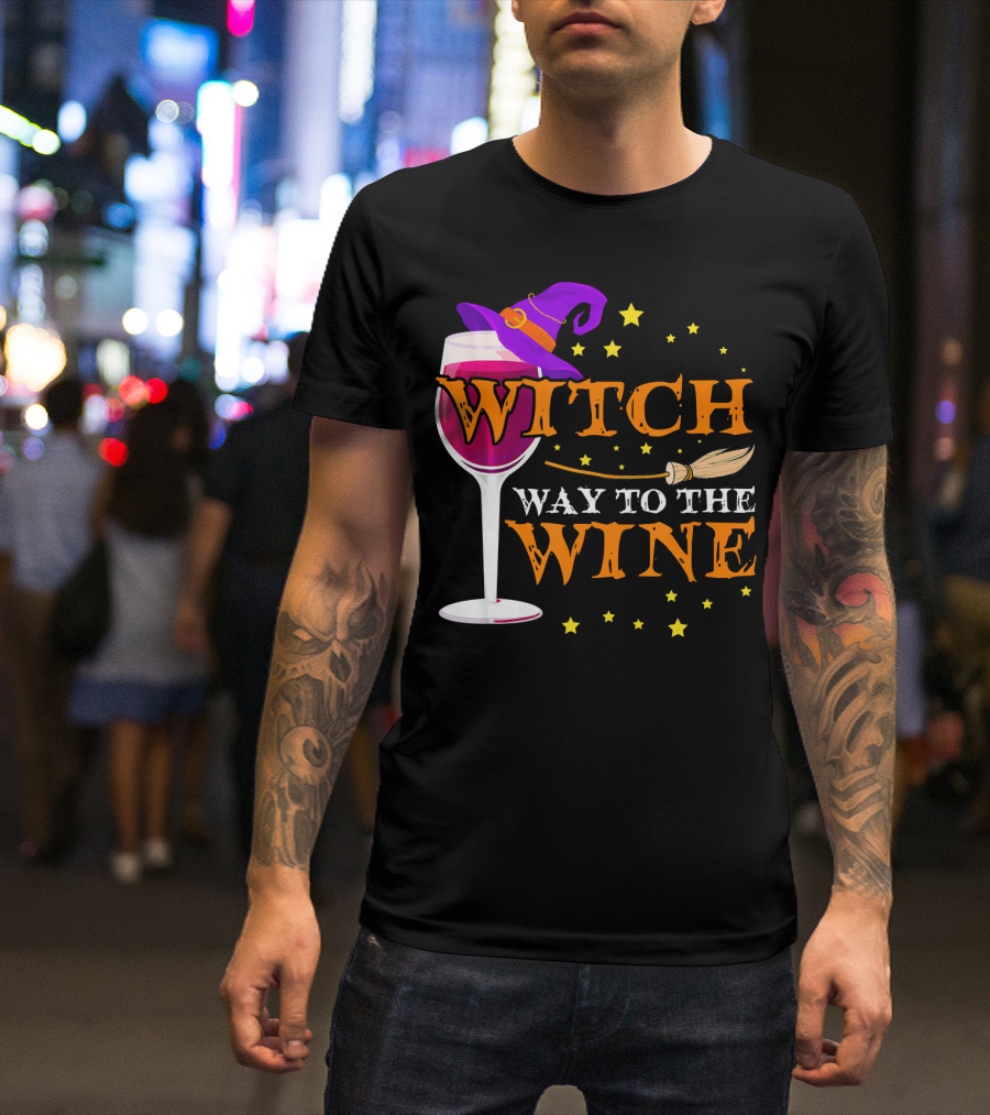 Witch Way To The Wine Halloween Wizard Hat Broomstick Stars T-Shirt