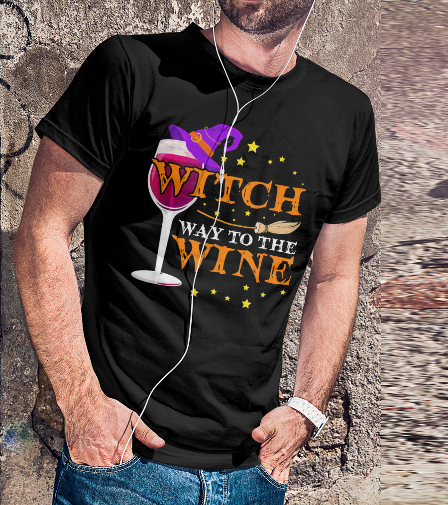 Witch Way To The Wine Halloween Wizard Hat Broomstick Stars T-Shirt