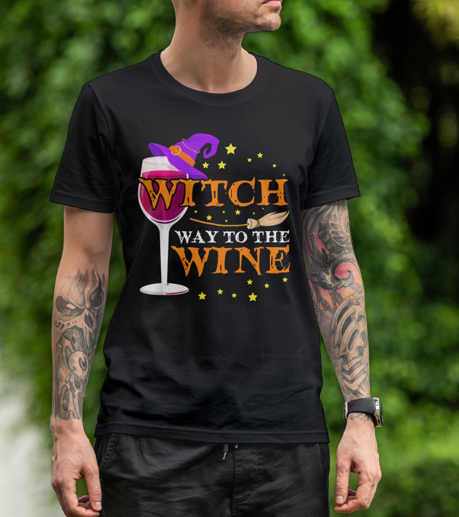 Witch Way To The Wine Halloween Wizard Hat Broomstick Stars T-Shirt