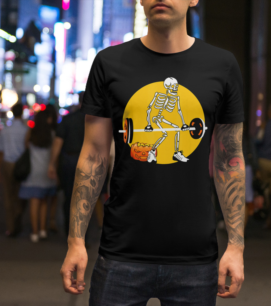 Skeleton Weightlifting With Pumpkin In Yellow Circle T-Shirt