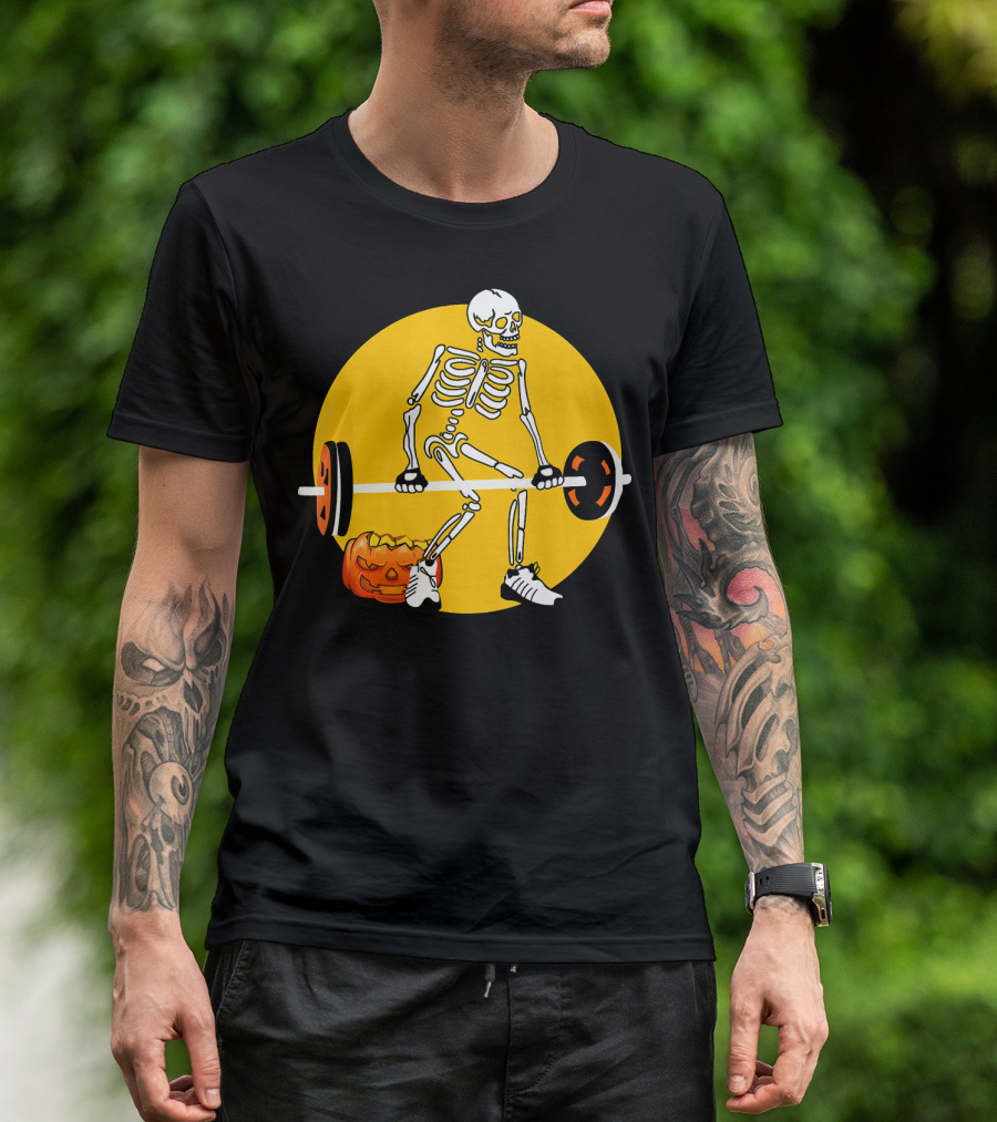 Skeleton Weightlifting With Pumpkin In Yellow Circle T-Shirt