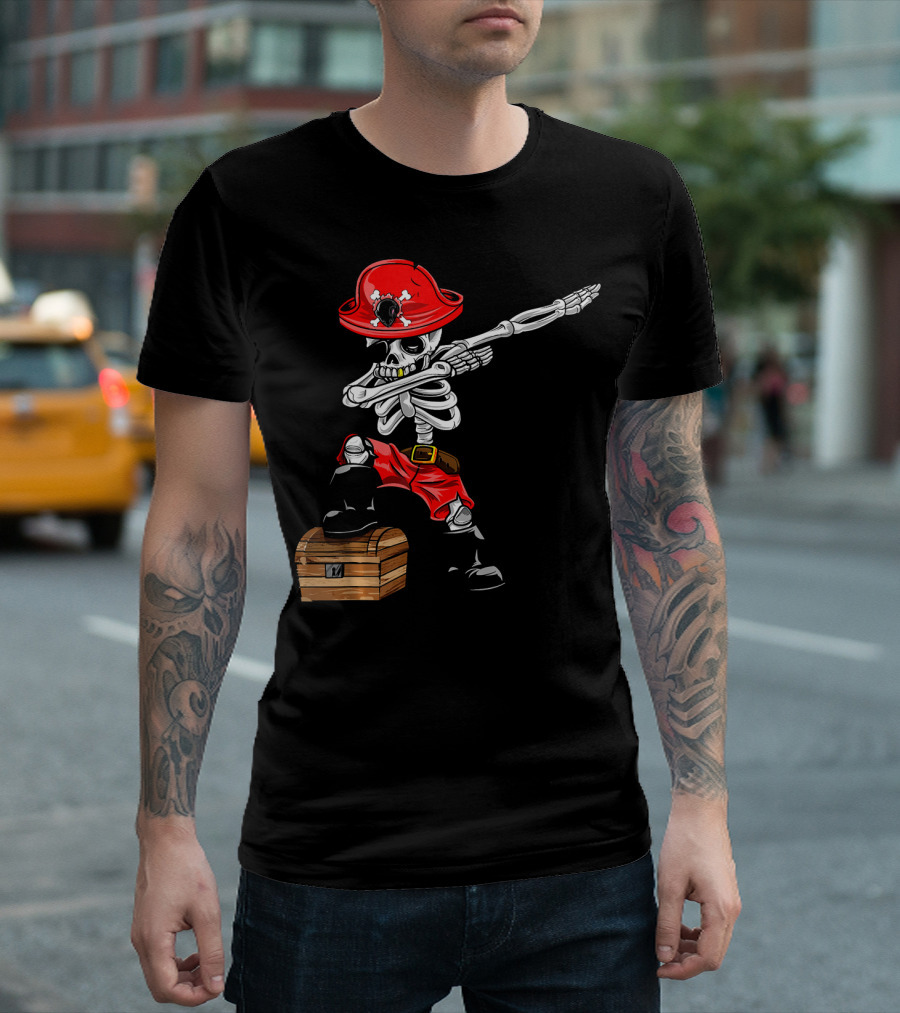 Dabbing Skeleton Pirate with Red Hat and Treasure Chest T-Shirt