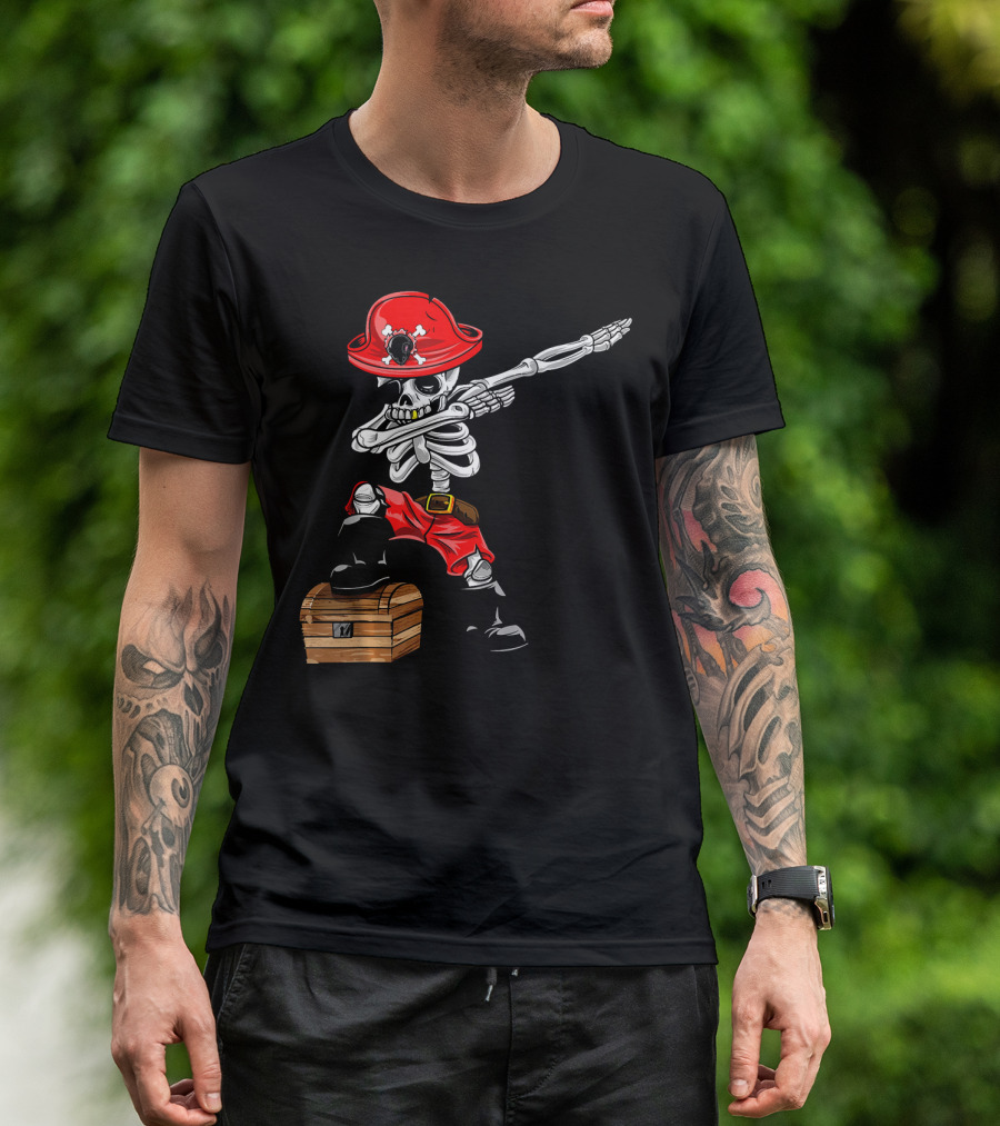 Dabbing Skeleton Pirate With Red Hat And Treasure Chest T-Shirt