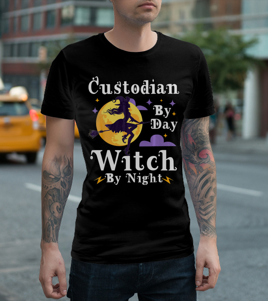 Custodian By Day Witch By Night Flying Broomstick Moon and Stars T-Shirt