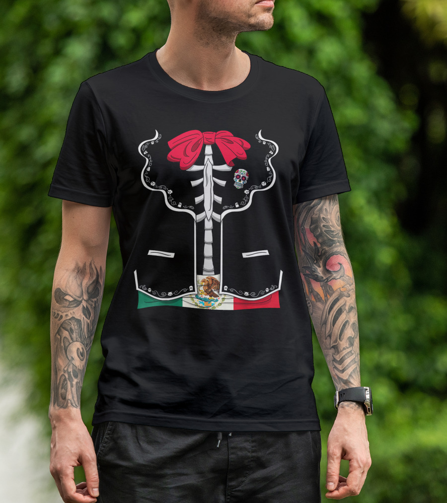 Day Of The Dead Dia De Los Muertos Mexican Skeleton Costume México Flag Sugar Skull Bow T-Shirt
