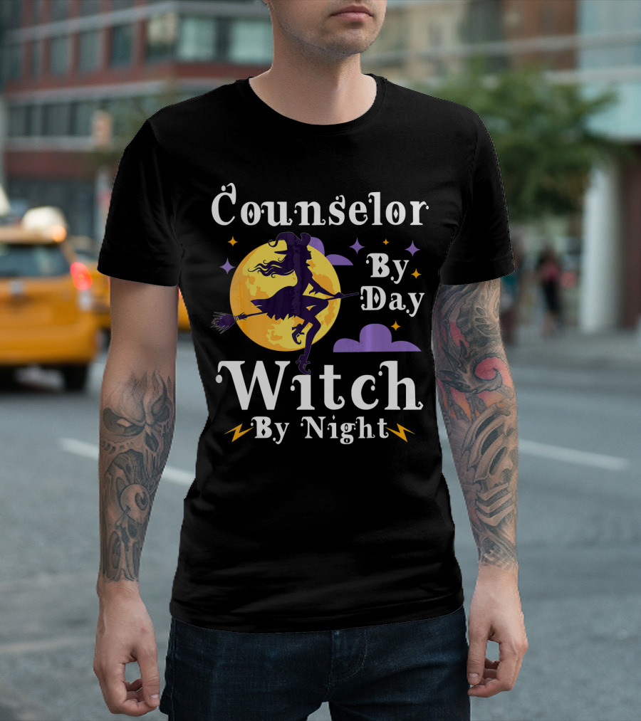 Counselor By Day Witch By Night Flying Broomstick and Full Moon T-Shirt