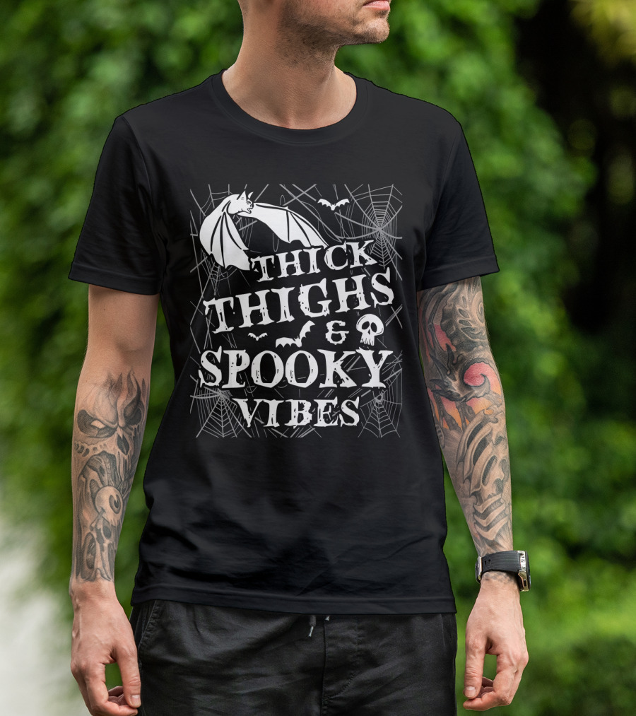 Thick Thighs Spooky Vibes Bat Skull Spider Webs T-Shirt