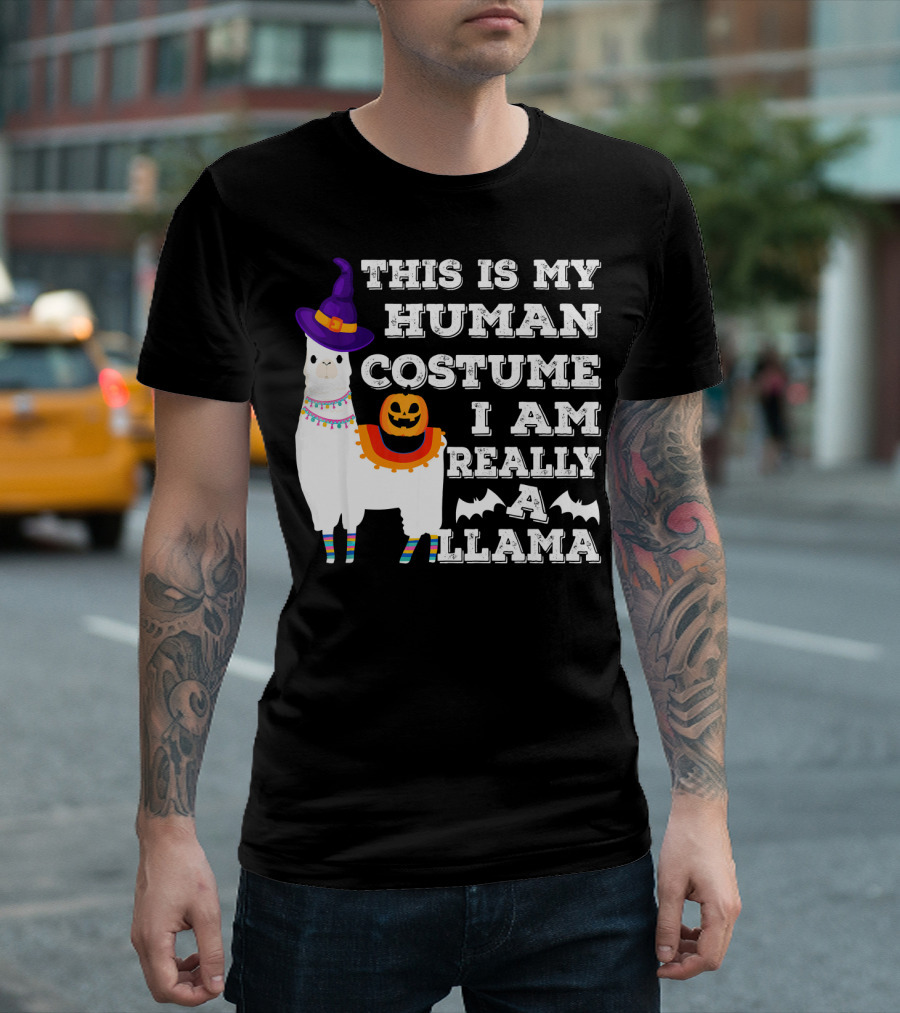 THIS IS MY HUMAN COSTUME I AM REALLY A LLAMA HALLOWEEN WITCH HAT PUMPKIN BAT T-Shirt
