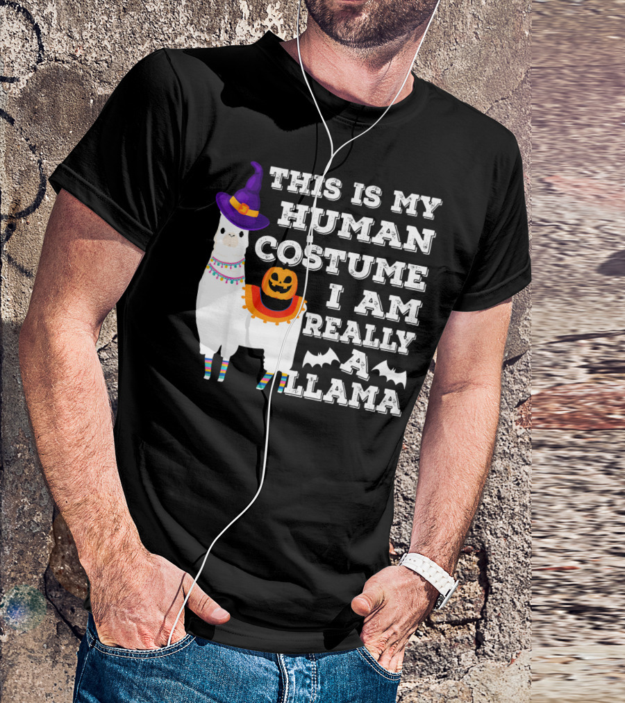 THIS IS MY HUMAN COSTUME I AM REALLY A LLAMA HALLOWEEN WITCH HAT PUMPKIN BAT T-Shirt
