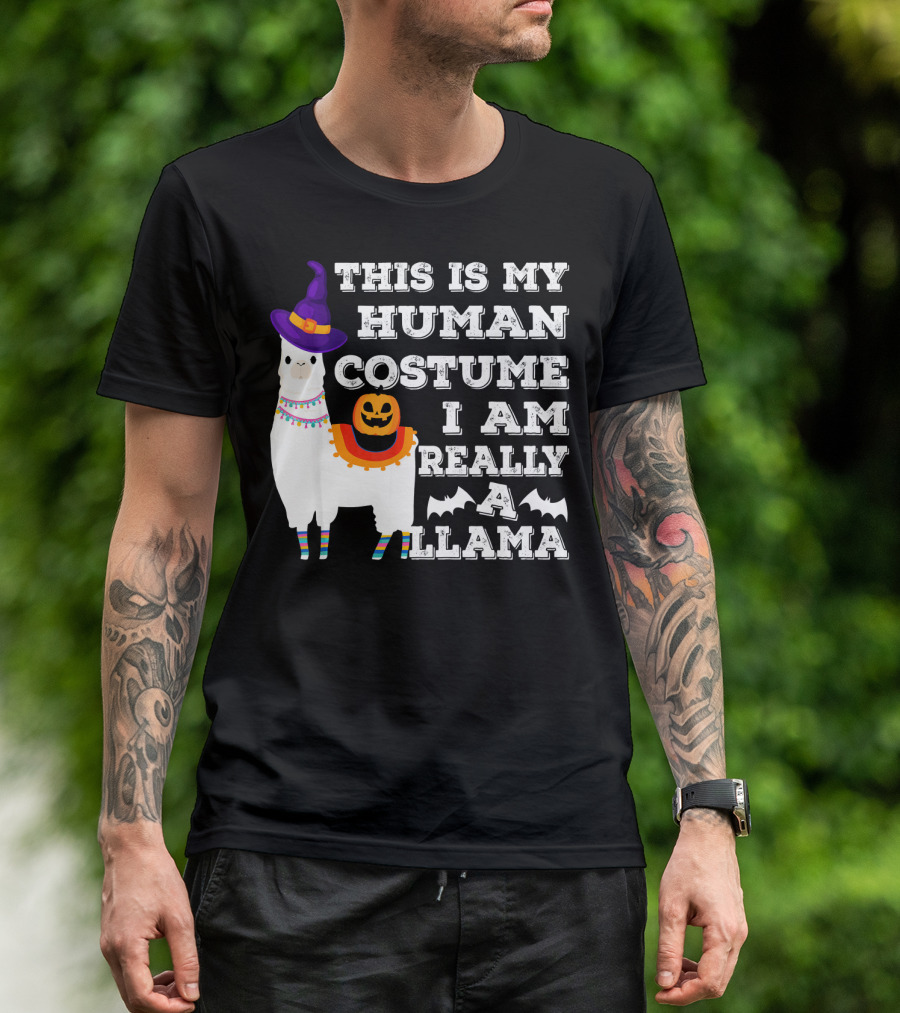 THIS IS MY HUMAN COSTUME I AM REALLY A LLAMA HALLOWEEN WITCH HAT PUMPKIN BAT T-Shirt