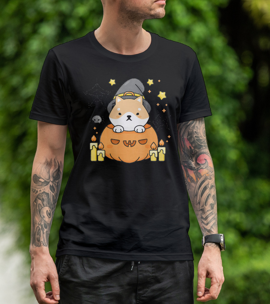 Kawaii Shiba Inu Dog In Witch Hat With Pumpkin And Candles Japanese T-Shirt