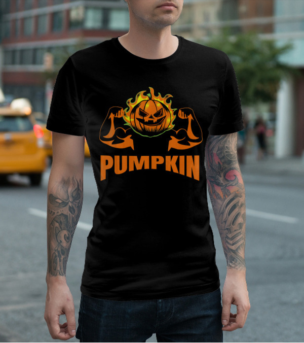 Bodybuilder Pumpkin Halloween Costume Muscles Jack-O'-Lantern T-Shirt