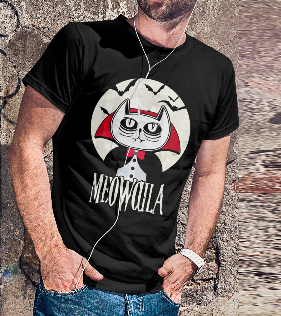 Meowcula Funny Cat Vampire Dracula Cartoon Bats Moon T-Shirt
