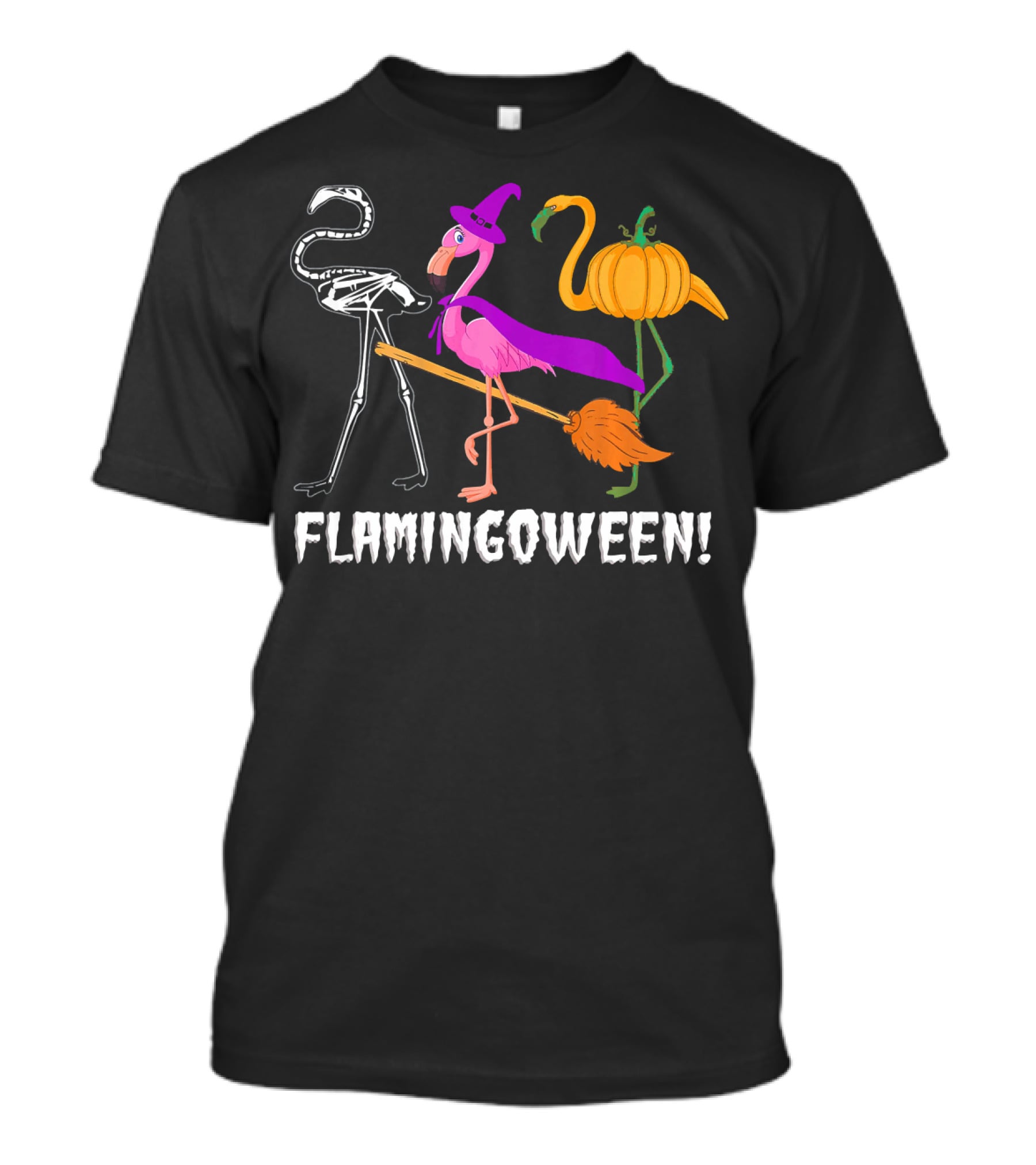 Flamingoween Skeleton Witch Pumpkin Flamingo Halloween T-Shirt