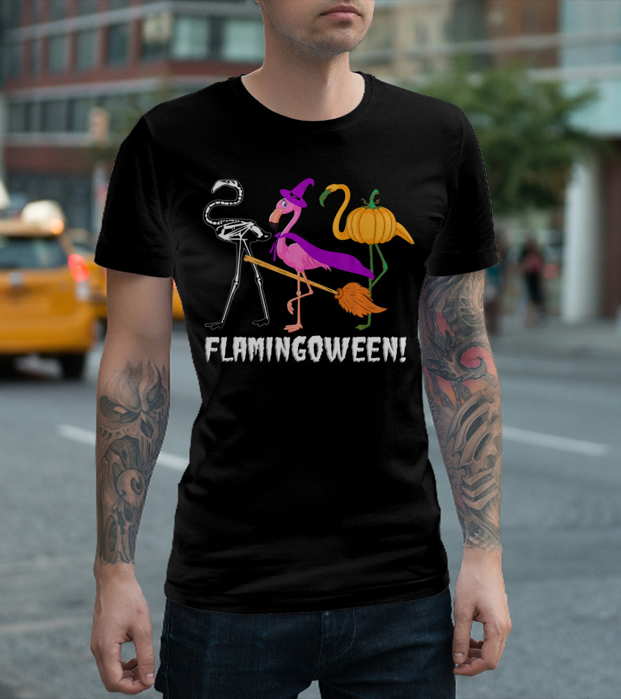 Flamingoween Skeleton Witch Pumpkin Flamingo Halloween T-Shirt