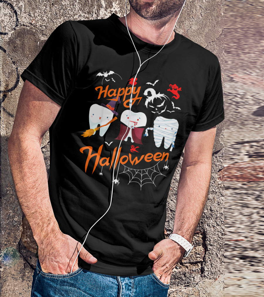 Happy Halloween Witch Vampire Mummy Teeth With Bats And Spiderweb T-Shirt