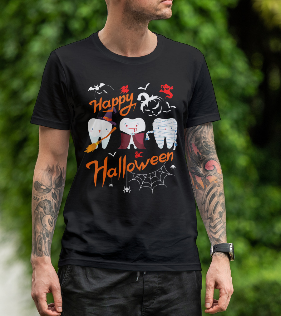 Happy Halloween Witch Vampire Mummy Teeth With Bats And Spiderweb T-Shirt