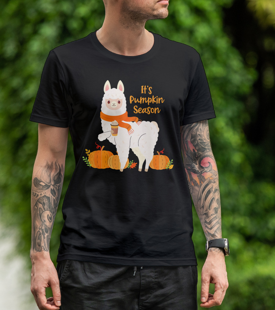 It's Pumpkin Season Llama With Autumn Leaves And Pumpkins T-Shirt