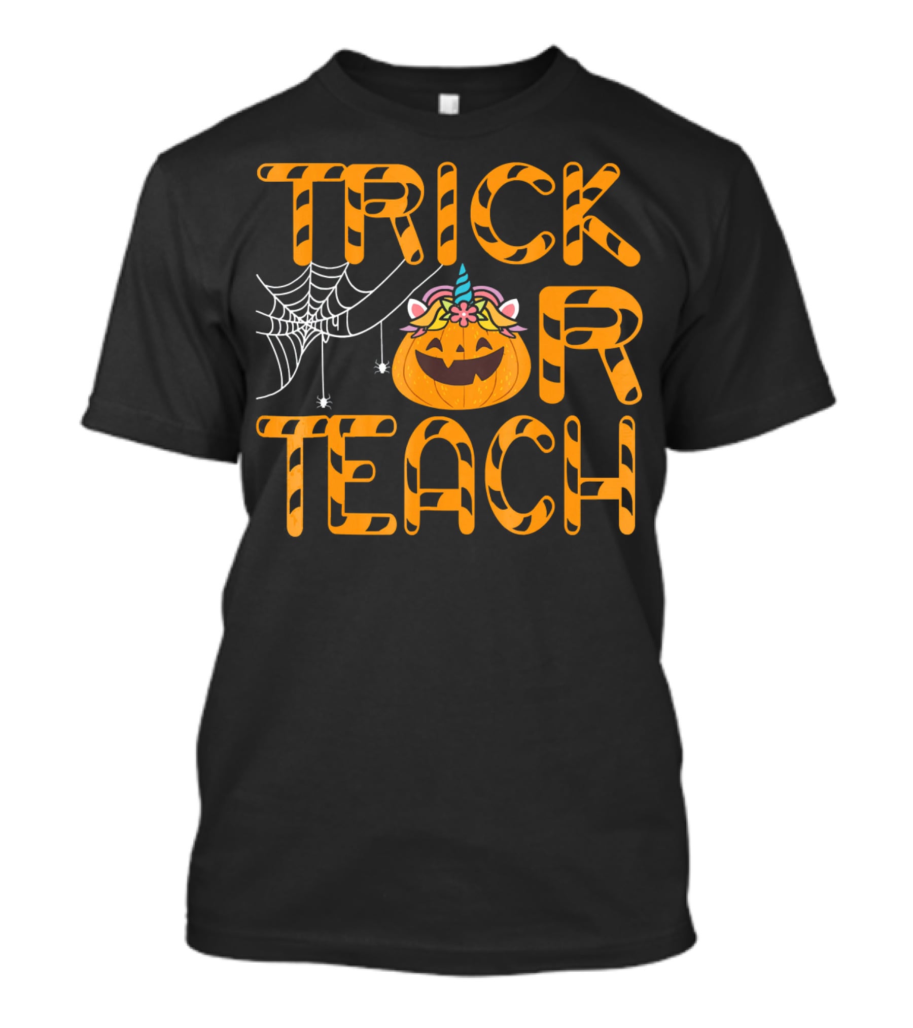 Trick Or Teach Funny Pumpkin Unicorn With Spider Web T-Shirt