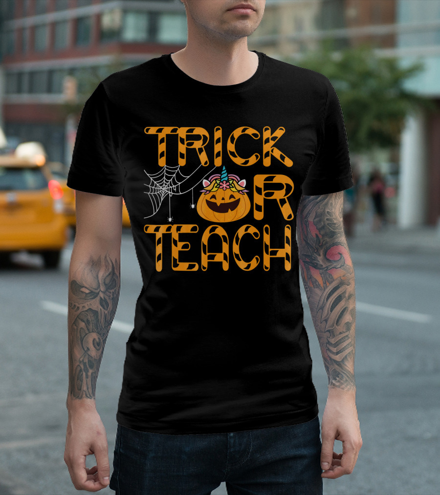 Trick Or Teach Funny Pumpkin Unicorn with Spider Web T-Shirt