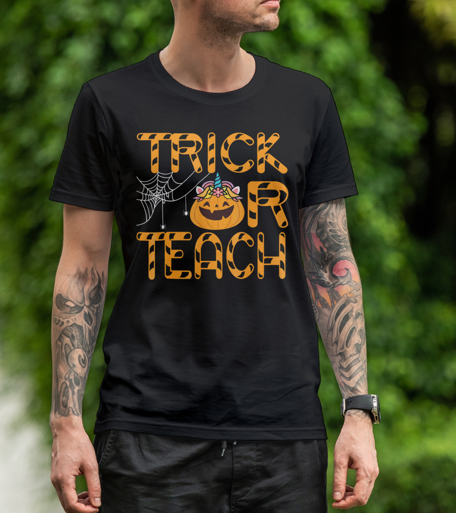 Trick Or Teach Funny Pumpkin Unicorn With Spider Web T-Shirt