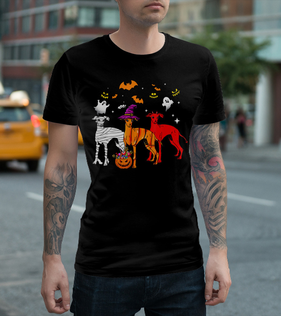 Halloween Italian Greyhound Dogs in Witch, Mummy, and Pumpkin Costumes with Ghosts and Bats T-Shirt