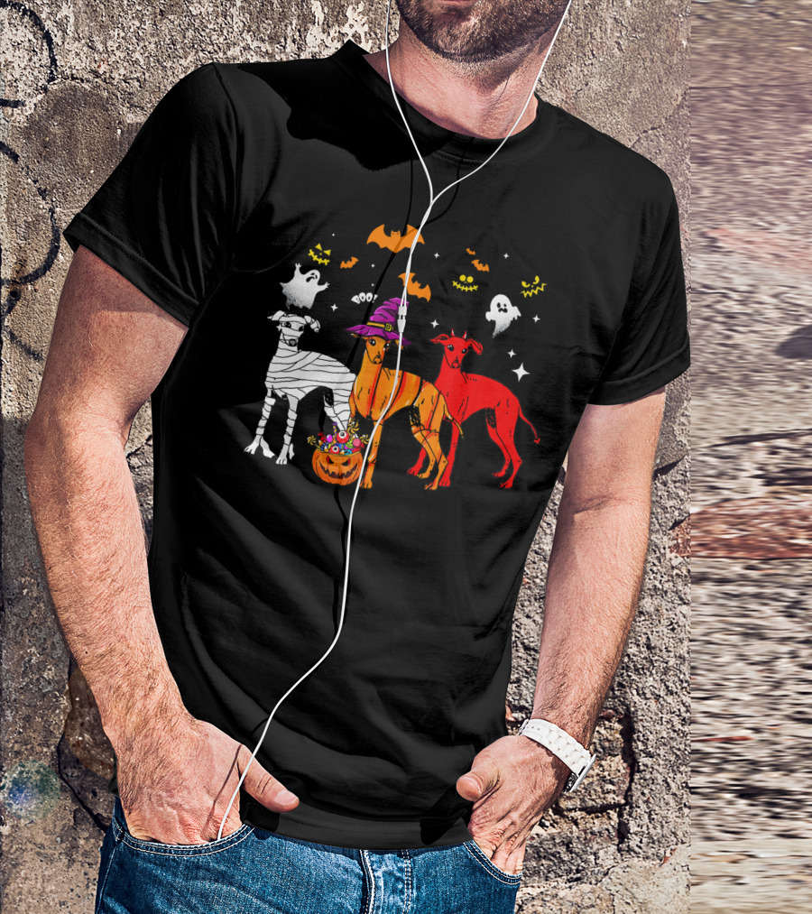 Halloween Italian Greyhound Dogs In Witch, Mummy, And Pumpkin Costumes With Ghosts And Bats T-Shirt