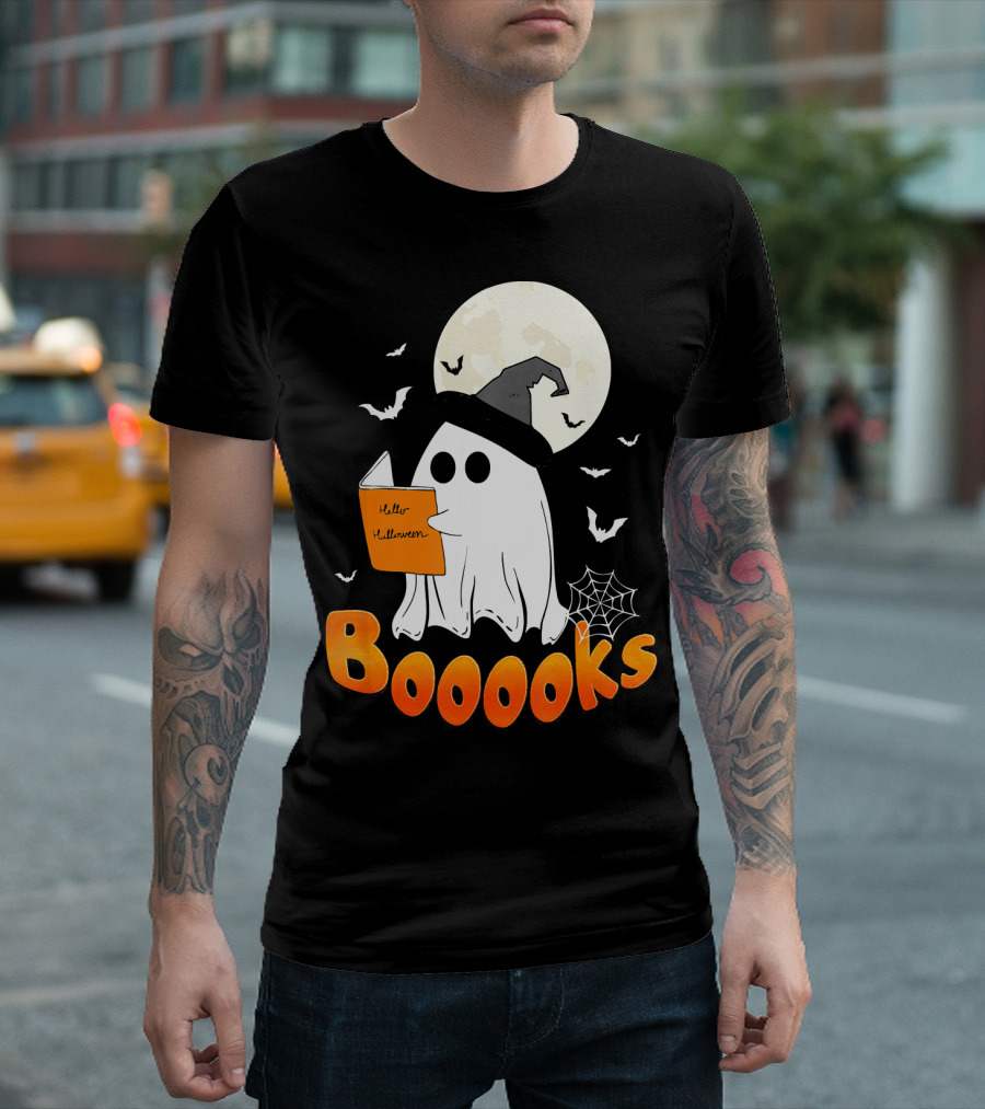 Boooks Ghost Reading Halloween Bats Moon Hat T-Shirt