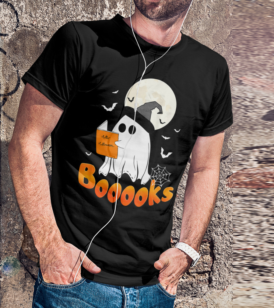 Boooks Ghost Reading Halloween Bats Moon Hat T-Shirt