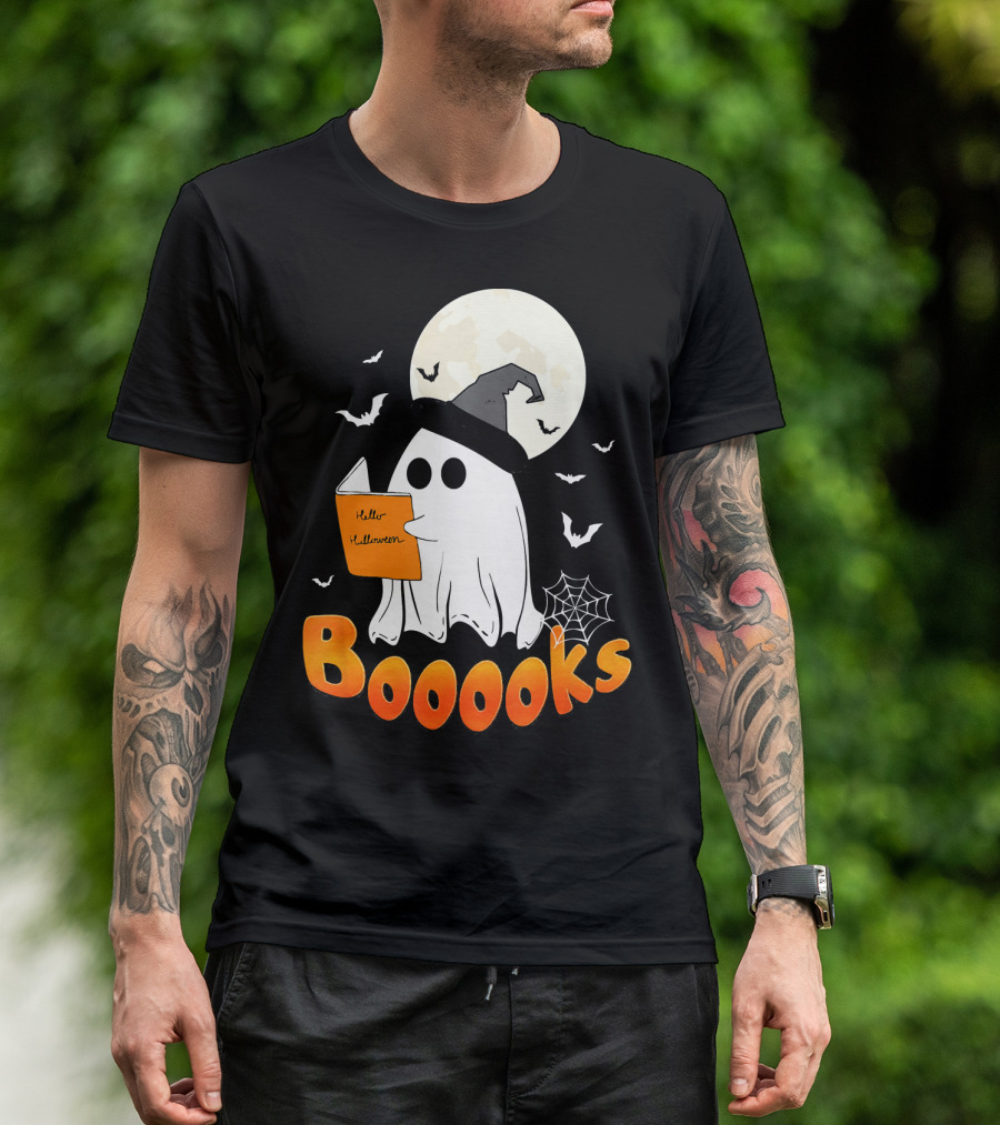 Boooks Ghost Reading Halloween Bats Moon Hat T-Shirt